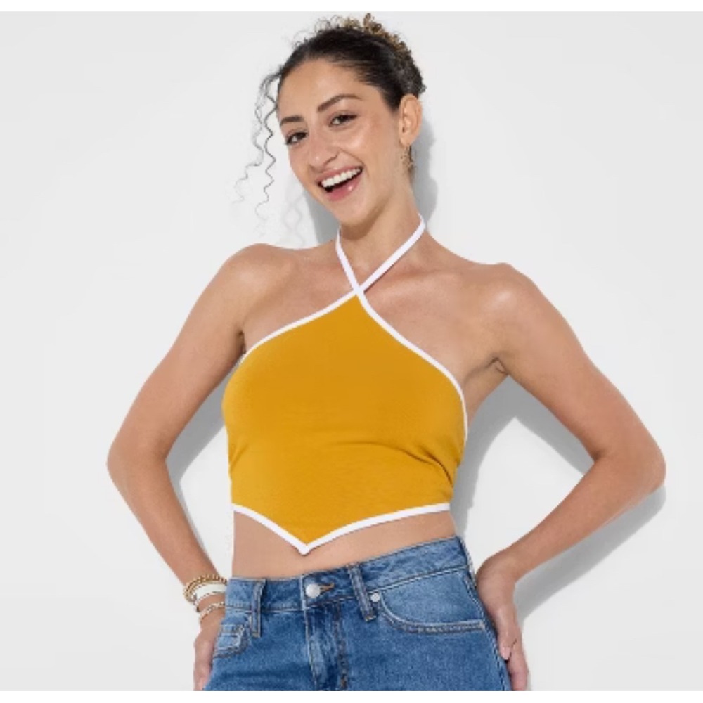 Wild Fable Yellow Handkerchief Halter Top White Ringer Trim Small Sporty Charm‎